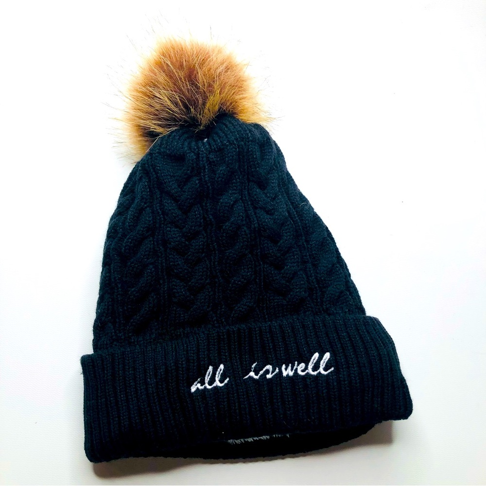 ‘All Is Well’ Embroidered Beanie Knit Black w/ Brown Pom, & Cream Lining Warm